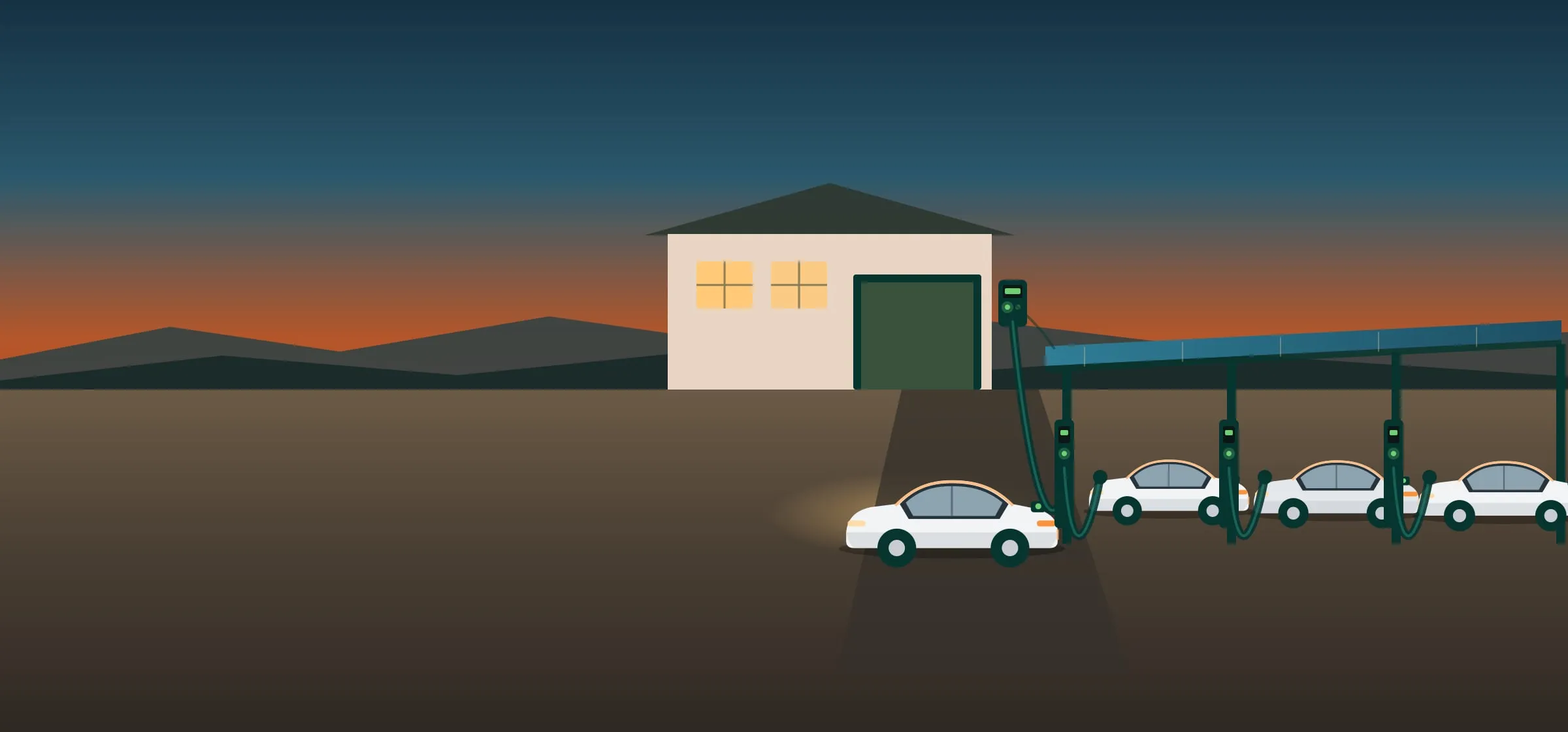 Dusk over the Hill Country. On the left a house with lit windows and an open garage bay, a wall charger showing a green ready light, and a car charging on the driveway. On the right, three cars charging at pedestal units beneath a solar canopy, fed by the same overhead service.